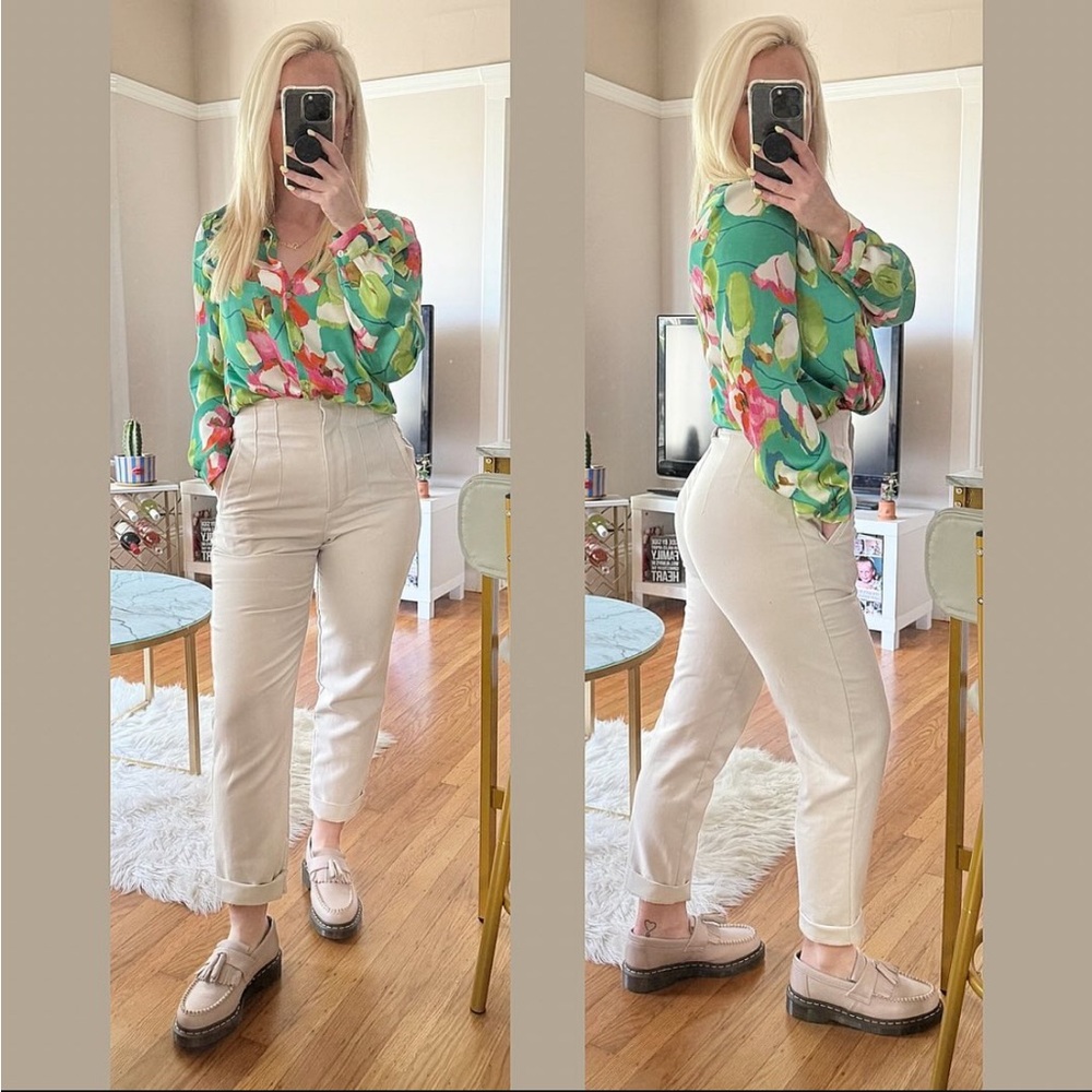 Green oversized floral shirt from Zara.